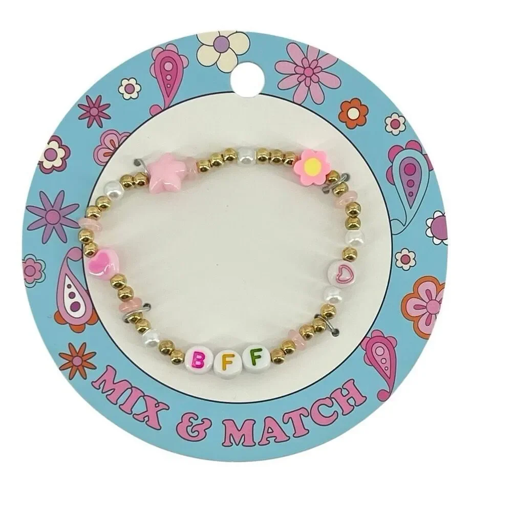 BFF Beaded Friendship Bracelet Gold Tone Pink Heart Flower Girls Women Gift